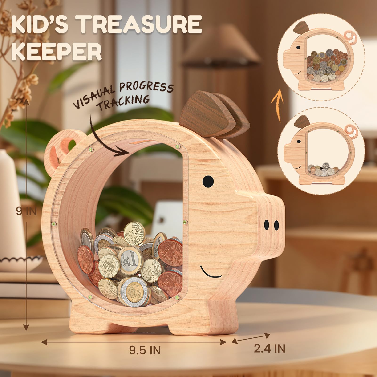 Summidate wooden piggy bank durable natural wood supports long-term use and decorative display.
