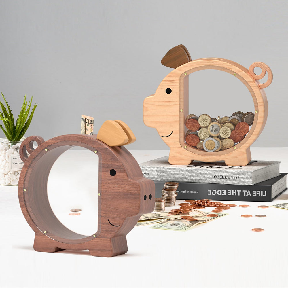 Summidate wooden piggy bank helps kids learn saving habits and delayed gratification.