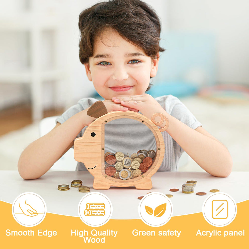 Summidate wooden piggy bank smooth edges ensure safe use for toddlers learning money habits.