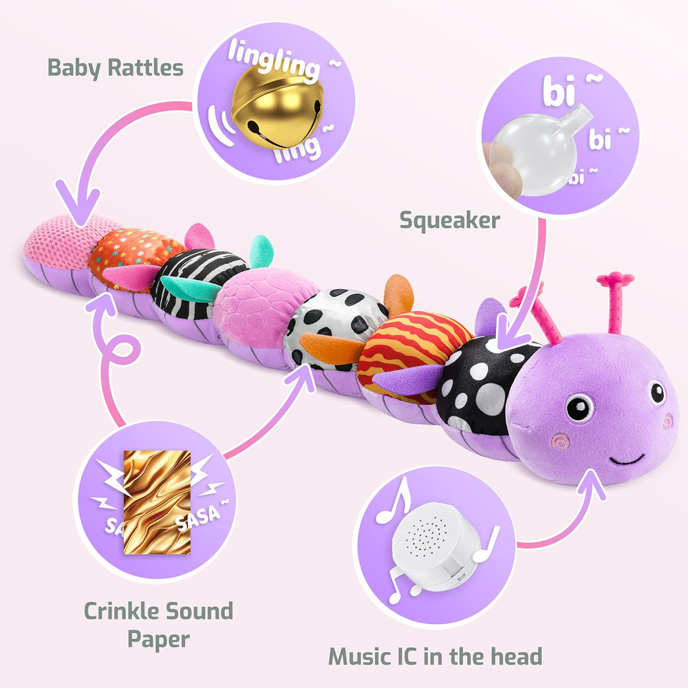 Sumobaby caterpillar back crinkle sounds engage baby's senses during play.
