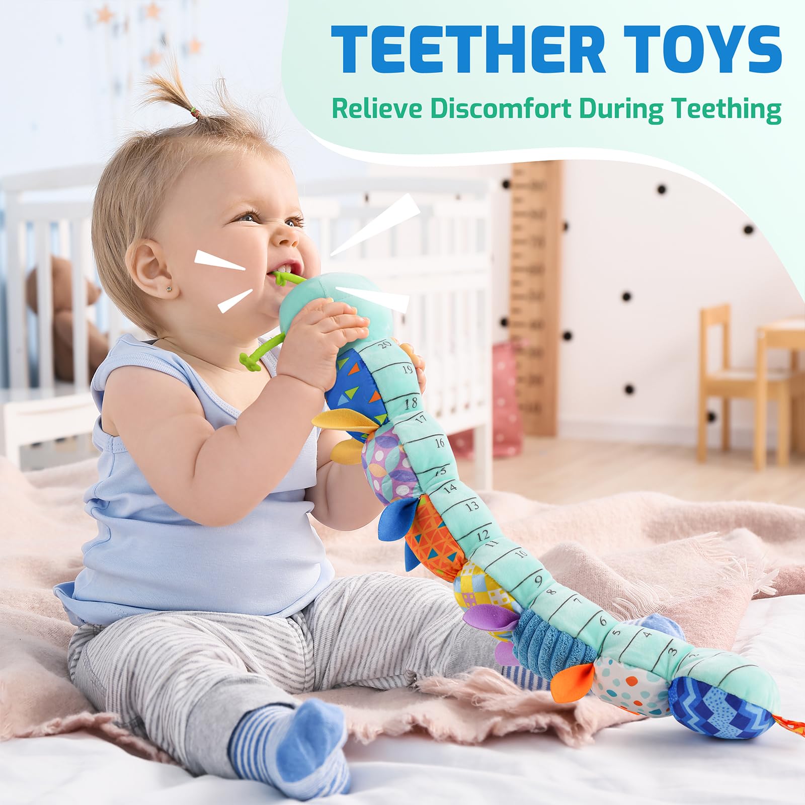 Sumobaby caterpillar blue tail rattle encourages baby hearing and grasping.