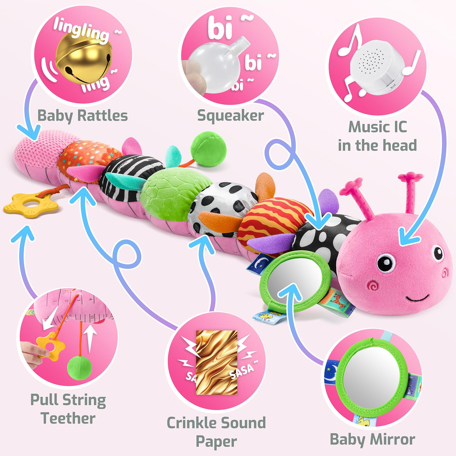 Sumobaby Caterpillar pull-string toy supports grabbing and fine motor play.
