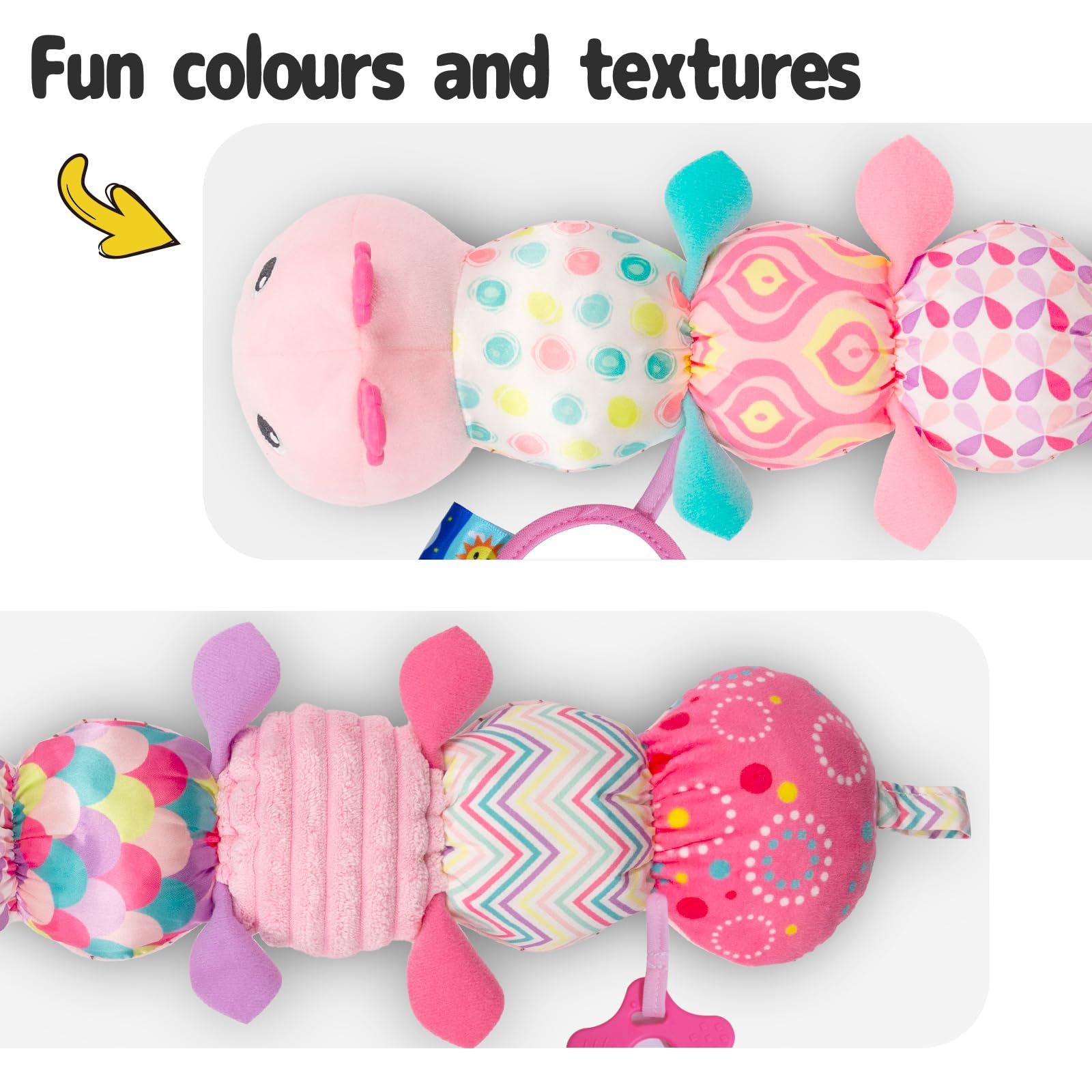 Sumobaby Caterpillar teether-friendly design soothes gums during play.