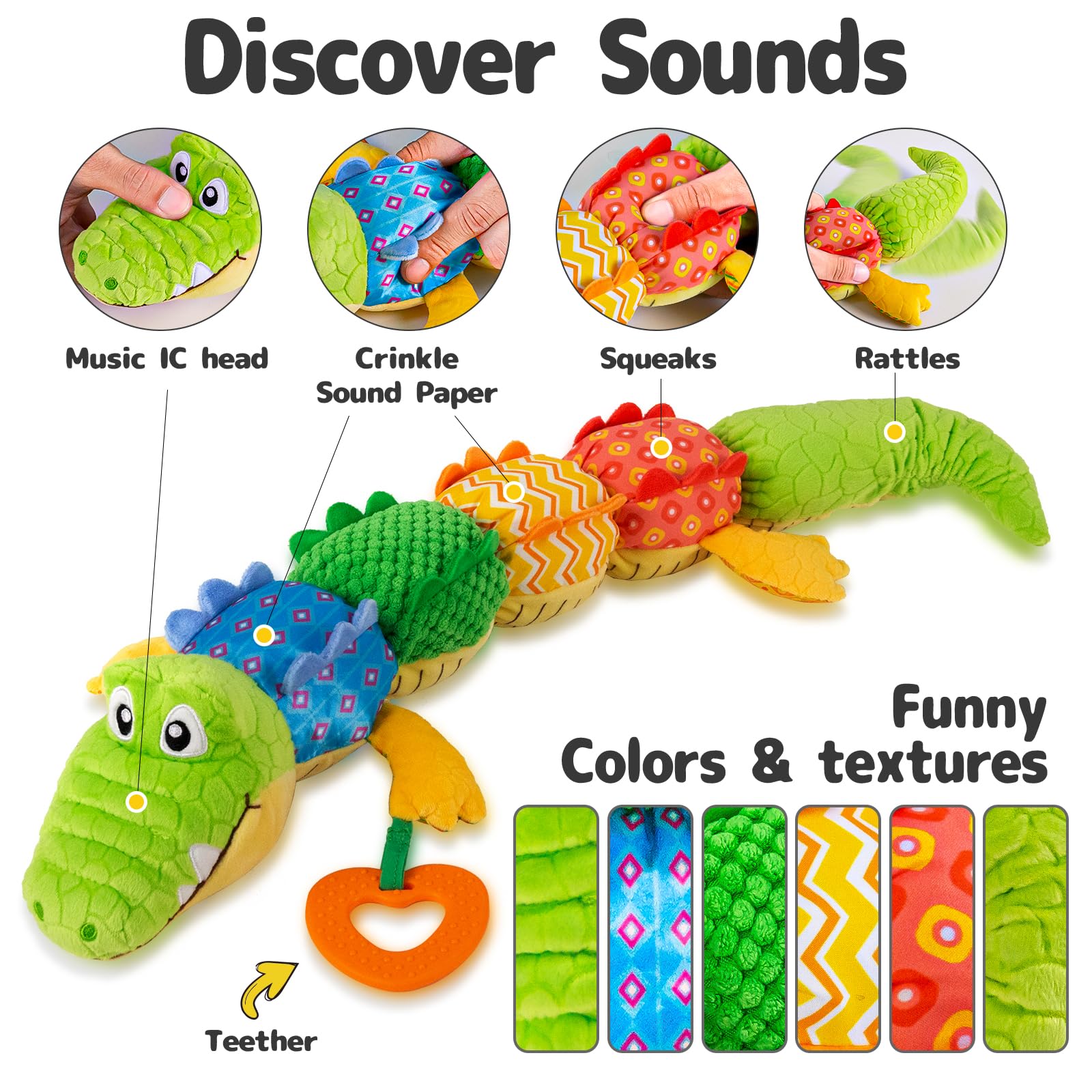 Sumobaby crocodile tail rattle adds playful sound during playtime.