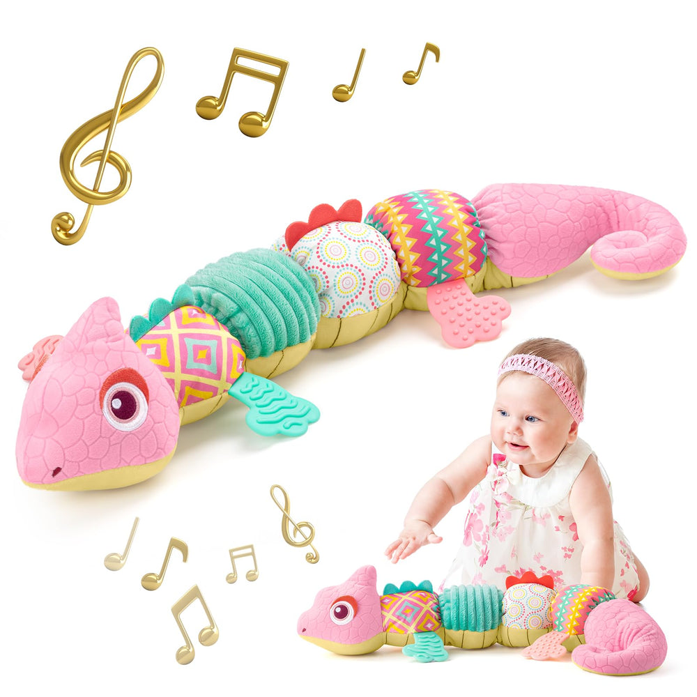 Sumobaby dinosaur plush head with music box provides soothing melodies for baby.