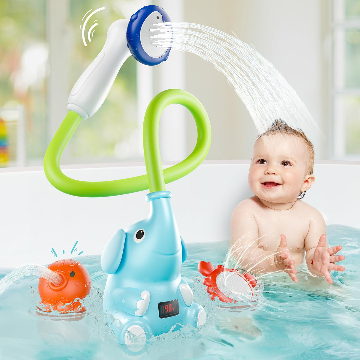 Sumobaby elephant-pump bath toy with automatic water spray for engaging bath time.