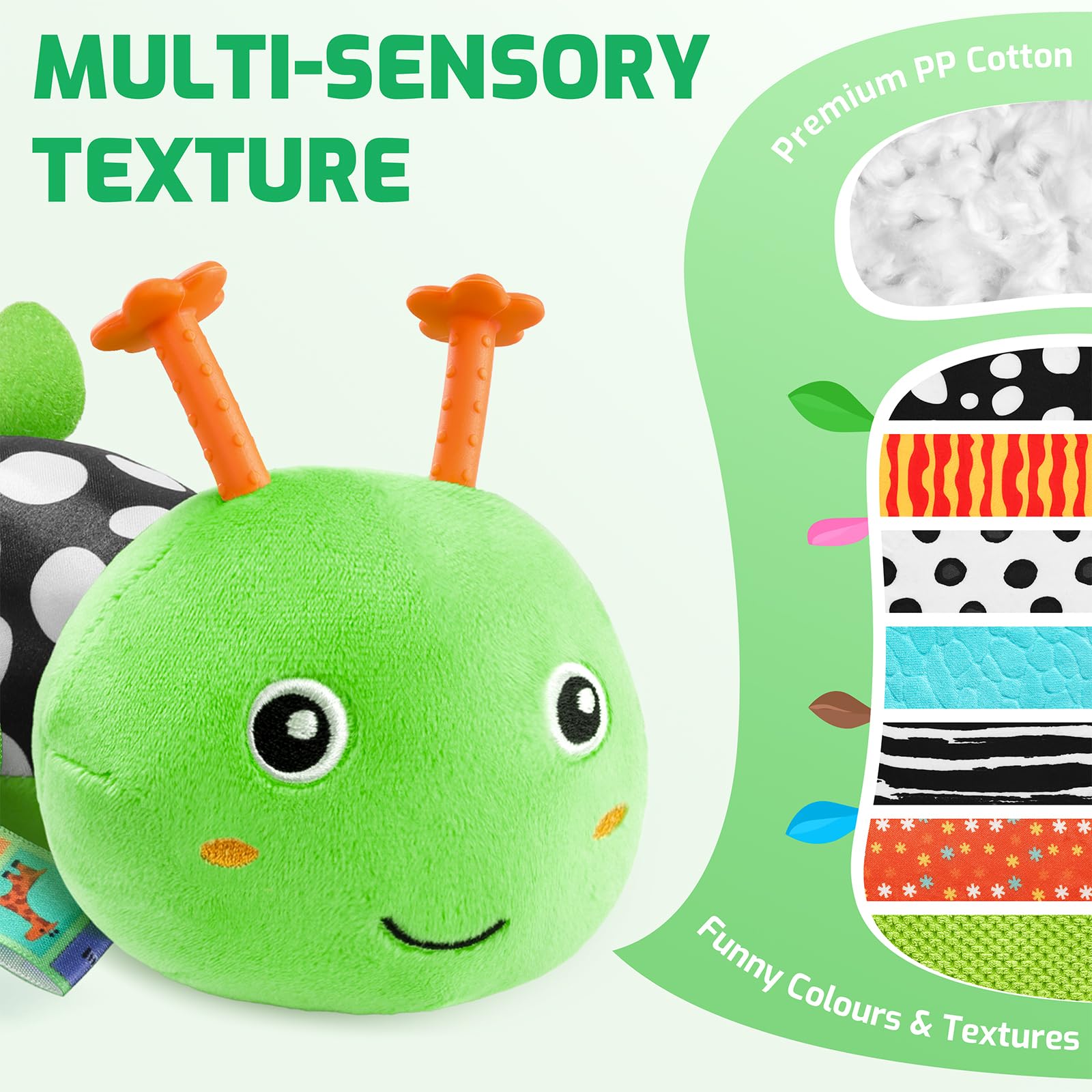 Sumobaby caterpillar plush mirror engages baby's view during tummy time