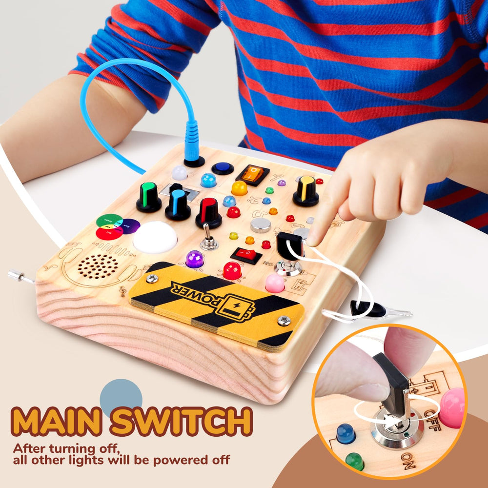 Sumsoltic Busy Board master switch helps conserve battery power during play.