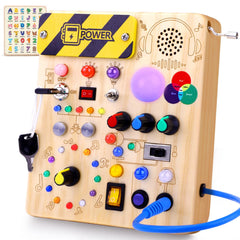 Sumsoltic Busy Board with toggle LED lights for tactile learning and color recognition.