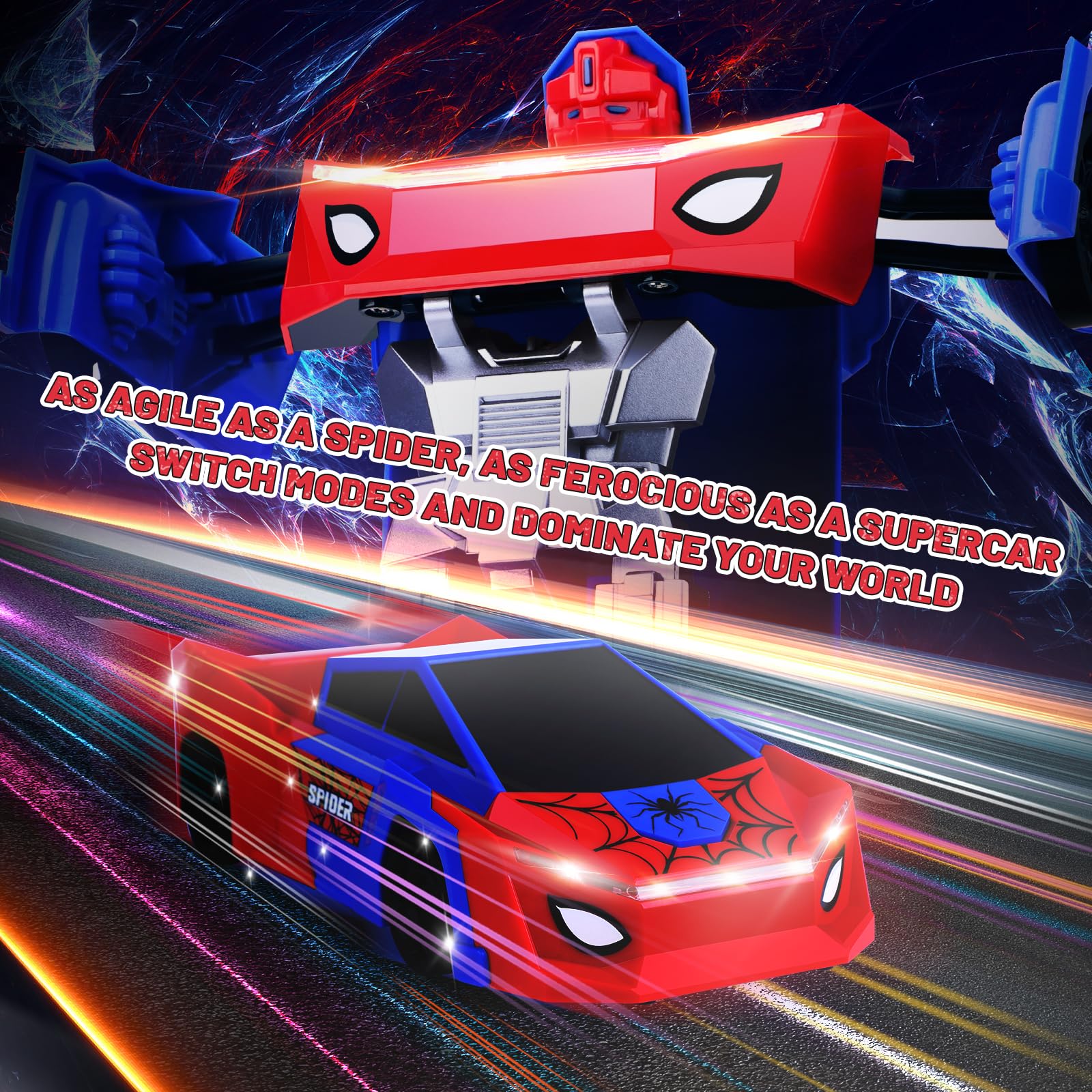 Sumsoltic RC transformer car offers 360-degree rotation for dynamic action moments.