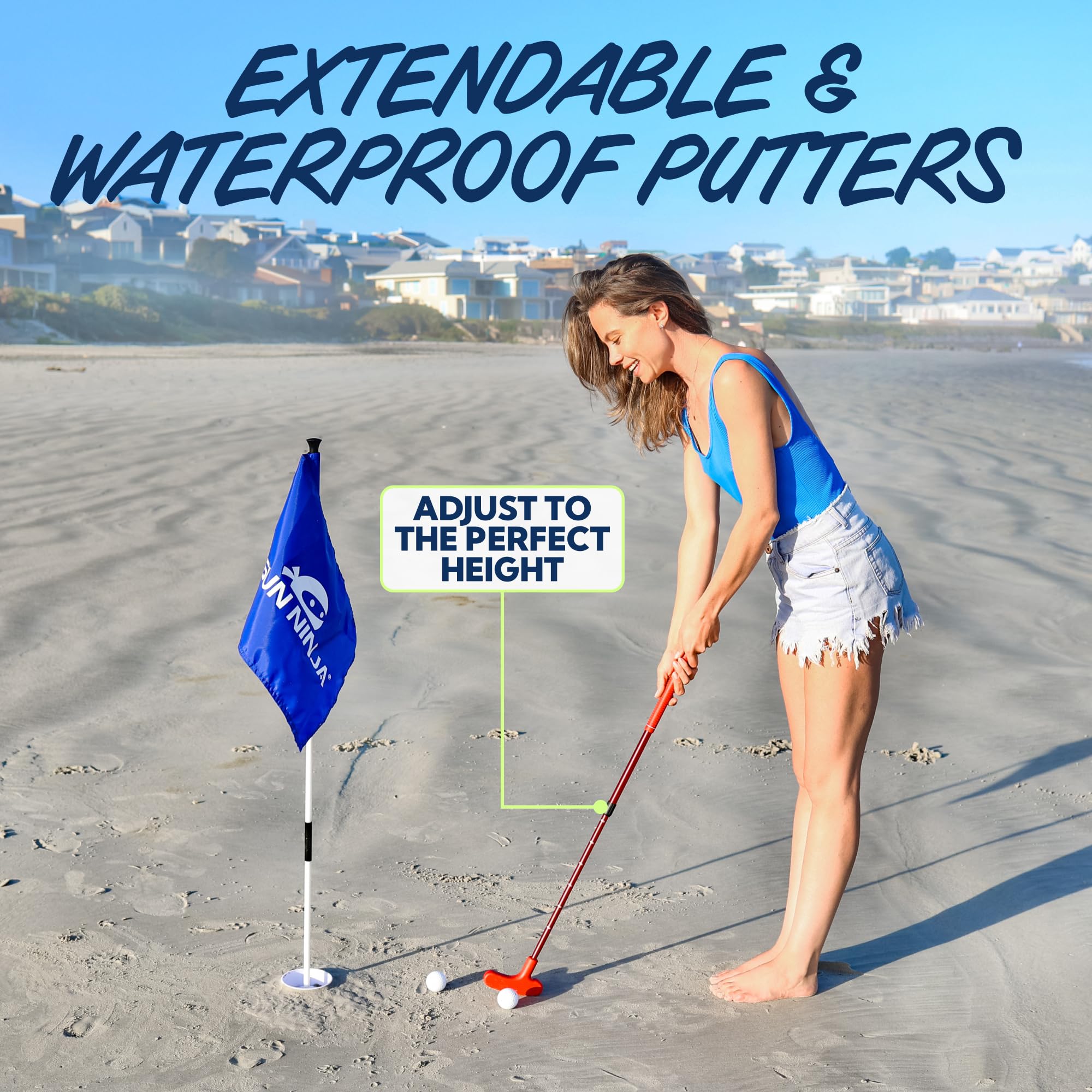SUN NINJA Beach Golf Set with cups and flags to mark targets.