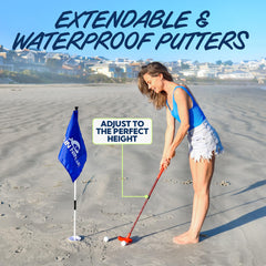 SUN NINJA Beach Golf Set with cups and flags to mark targets.