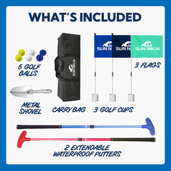 SUN NINJA Beach Golf Set includes sand shovel for quick holes.