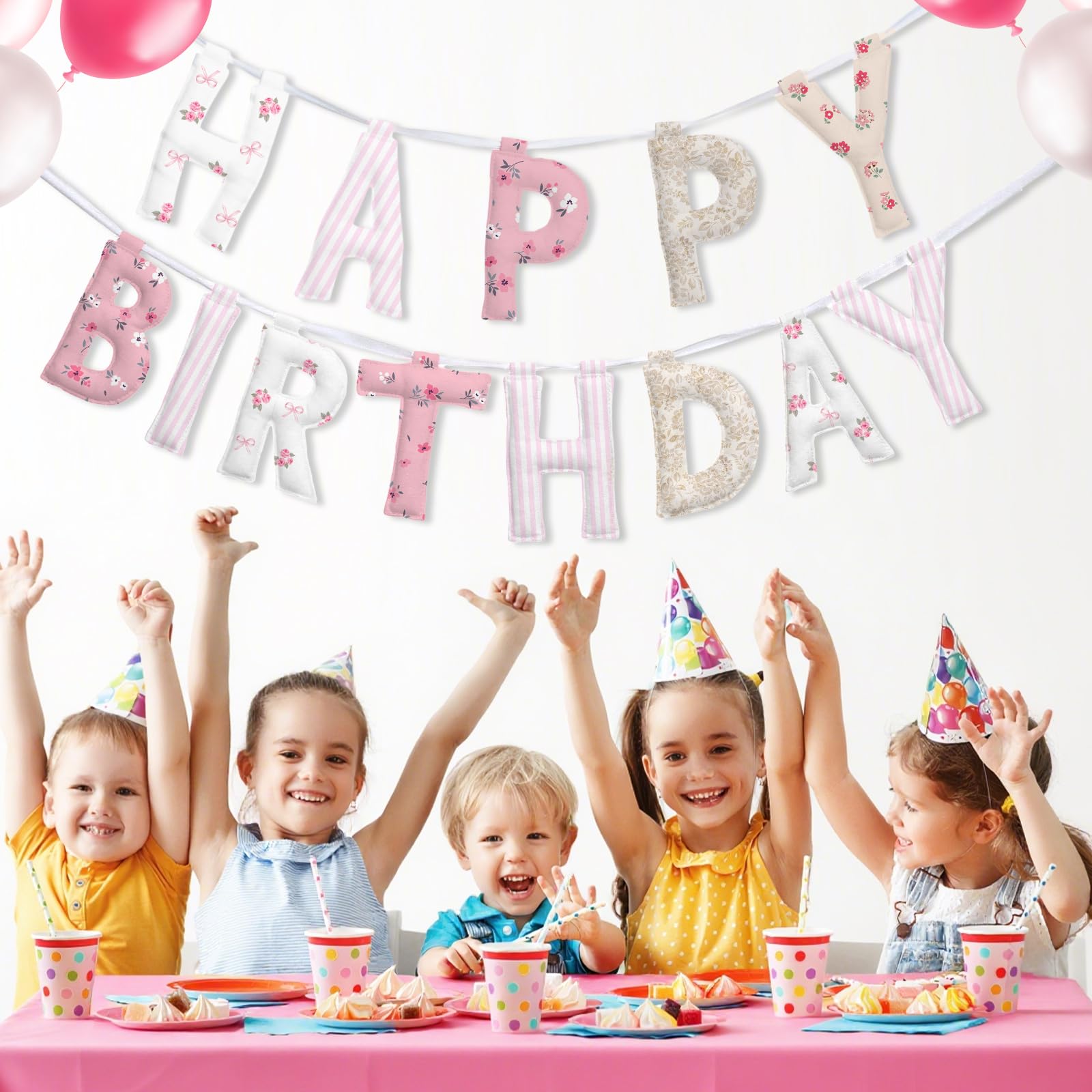Suncalla floral-themed banner enhances birthday décor detail