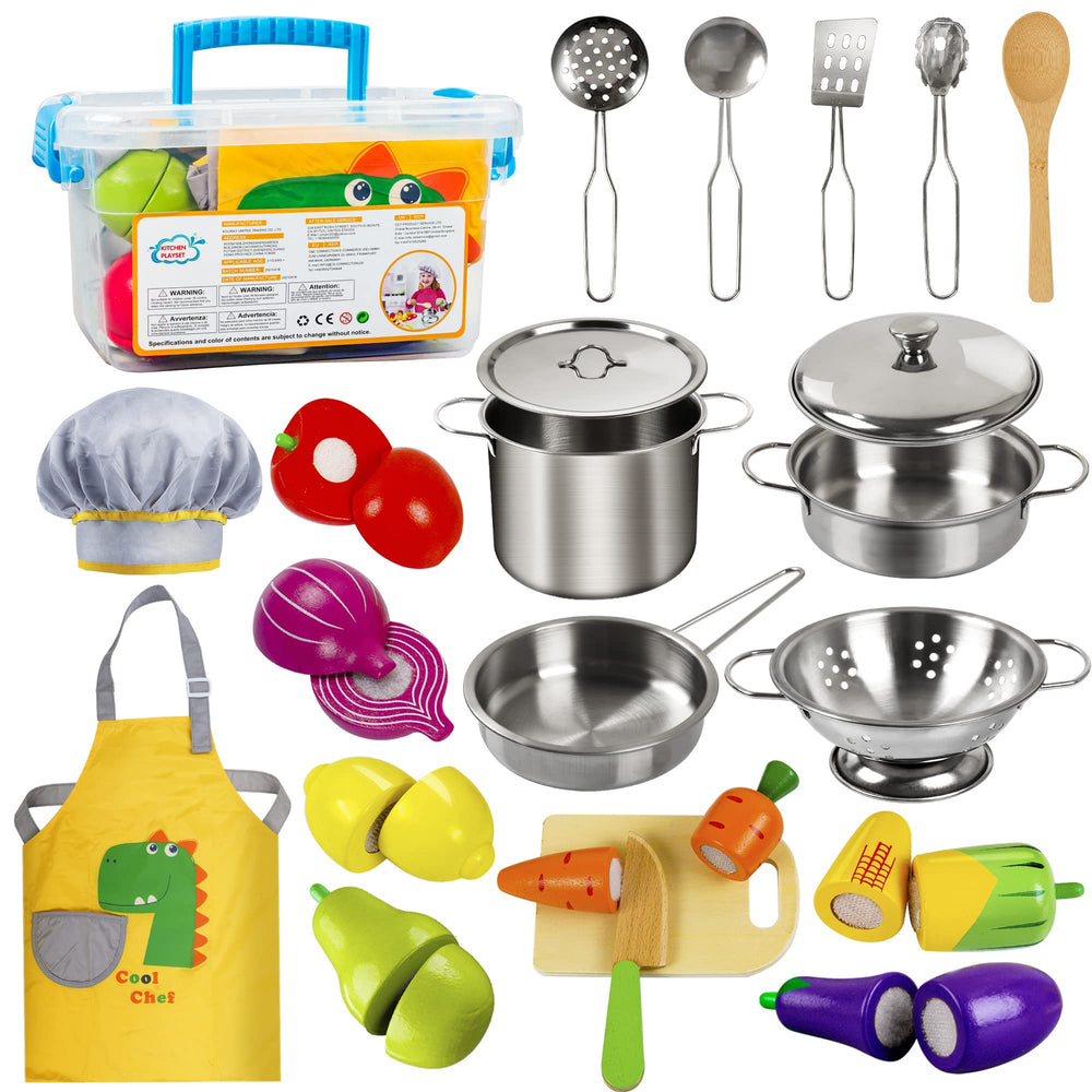 Sundaymot play kitchen pots and pans showcase durable stainless steel cookware for kids' imaginative play