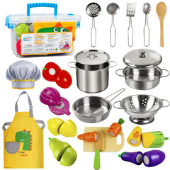 Sundaymot play kitchen pots and pans showcase durable stainless steel cookware for kids' imaginative play