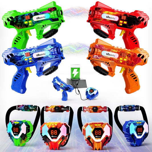 Sundelta rechargeable laser tag guns front view with LED display and sensors for instant feedback.
