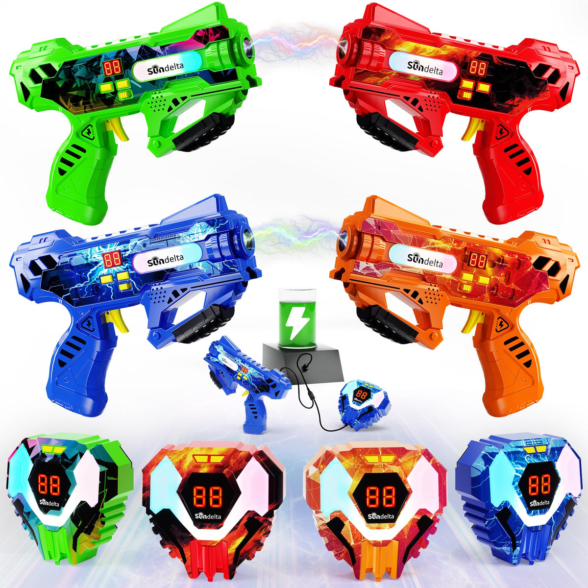 Sundelta rechargeable laser tag guns set for four players in action.