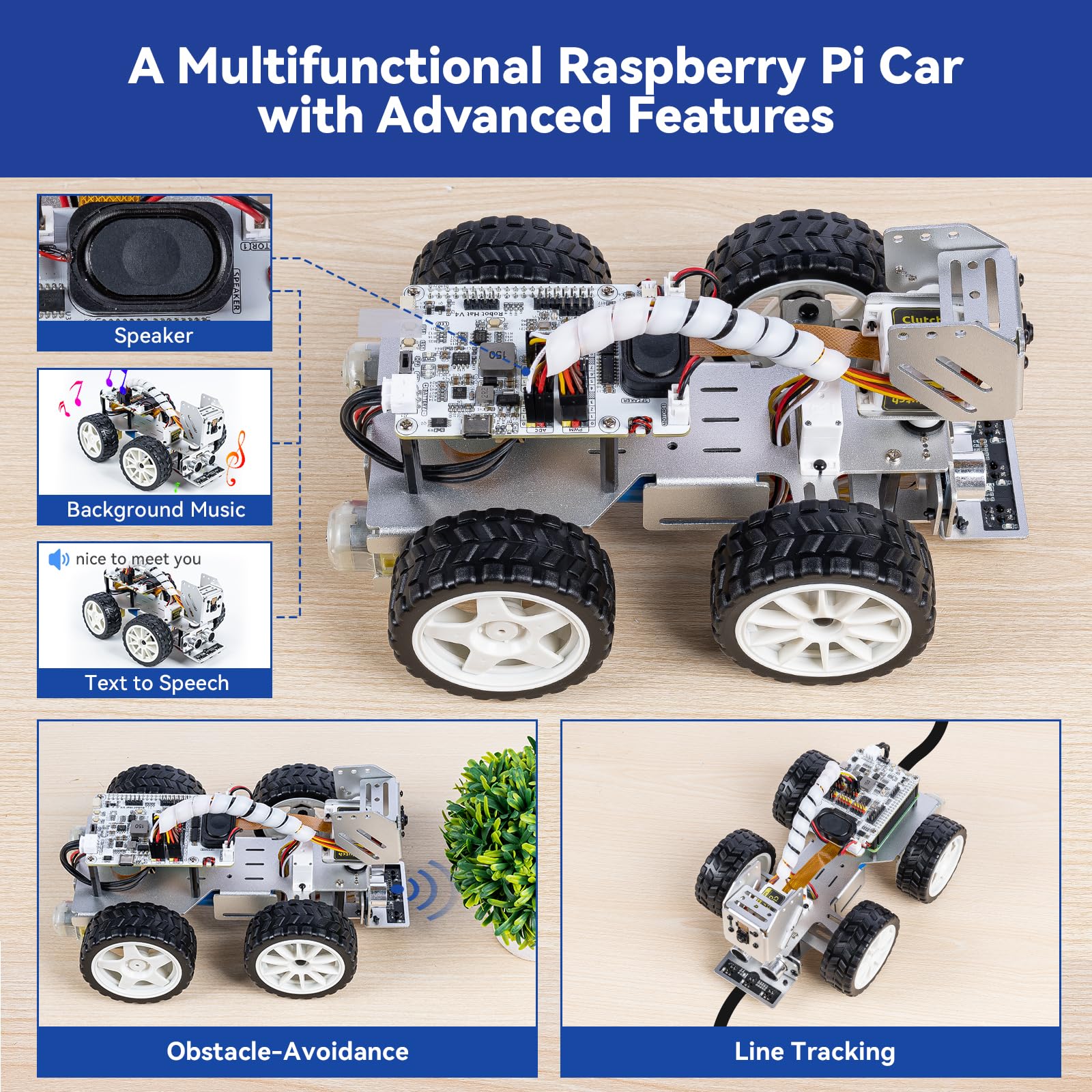 SunFounder PiCar-X camera-mic setup enables video recognition and voice input.