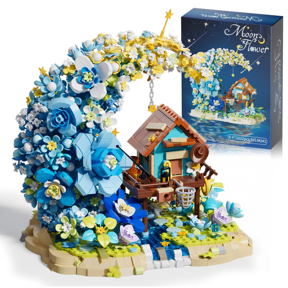 SUNHABI Moon Flower mini bricks reveal a fairy cabin—perfect for a desk display.