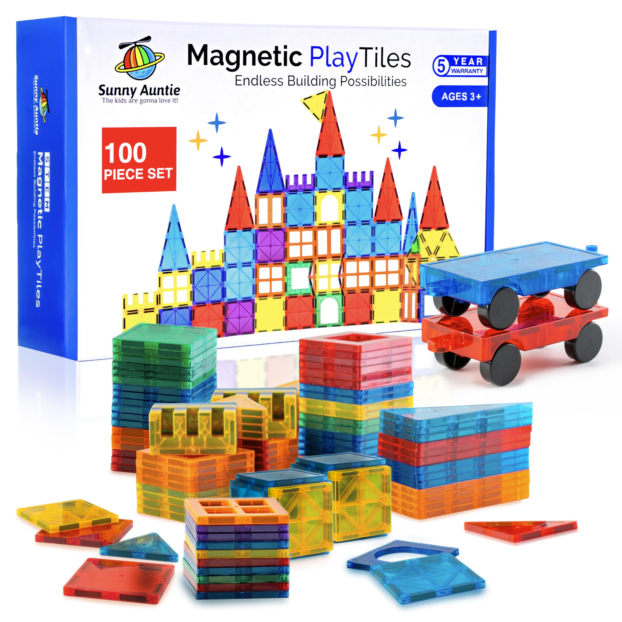 Sunny Auntie Magnetic Tiles 100 pcs—bright shapes boost creativity during play.