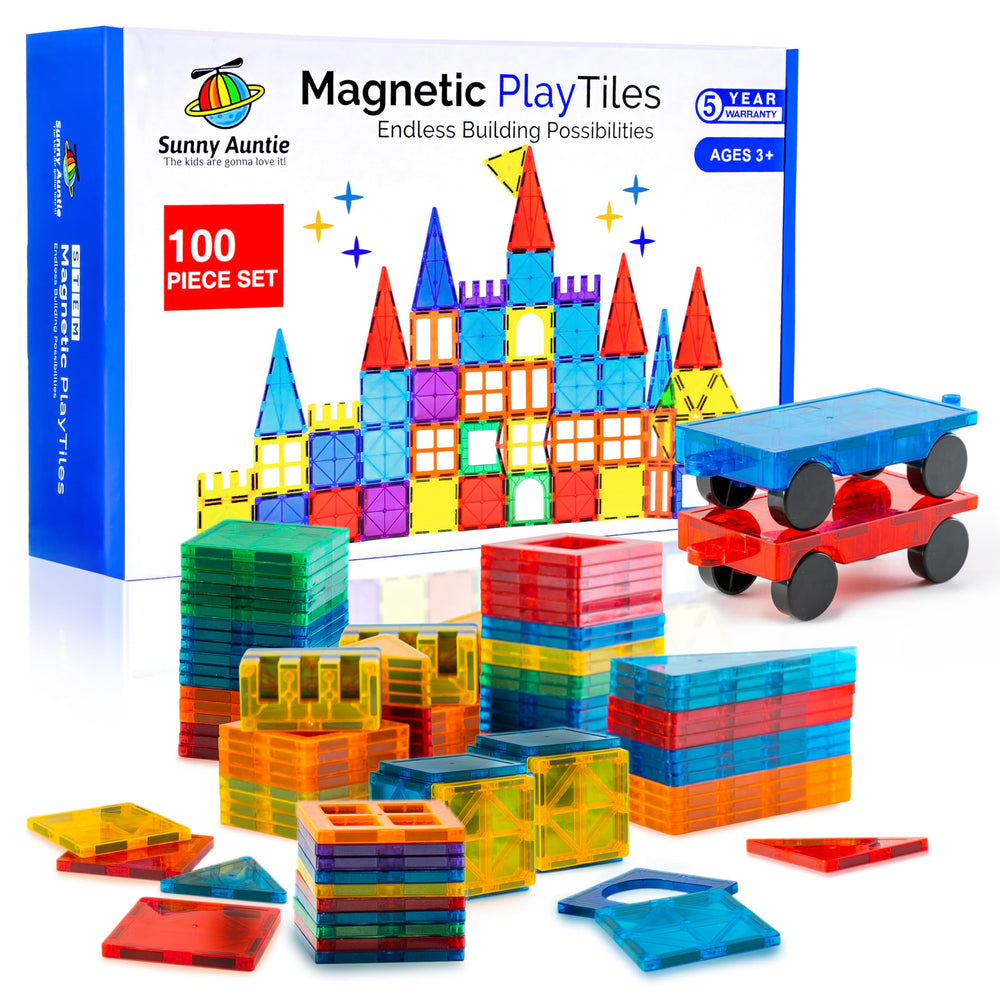 Sunny Auntie Magnetic Tiles 100 pcs—bright shapes boost creativity during play.