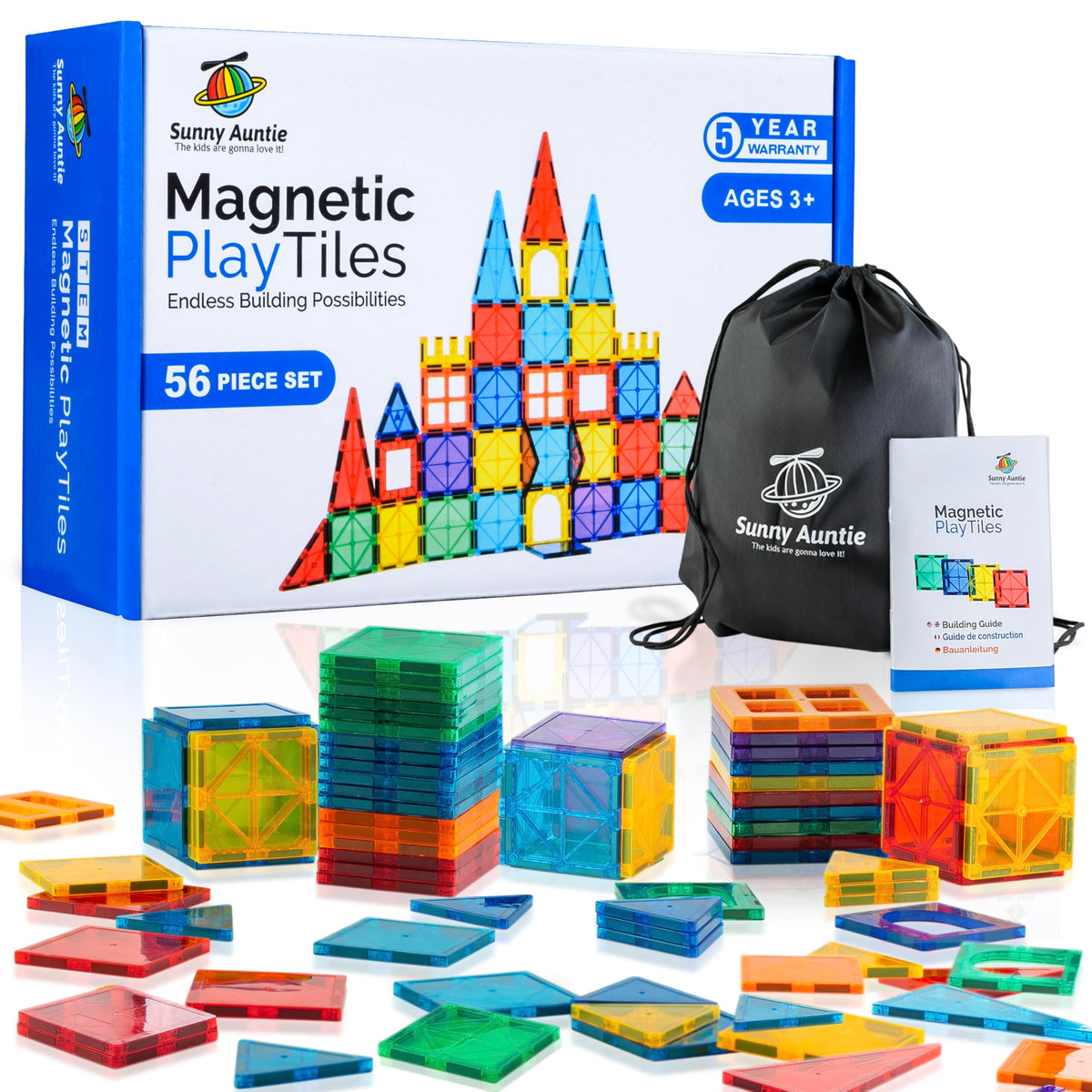 Sunny Auntie magnetic tiles 56 pcs full set for imaginative building play.