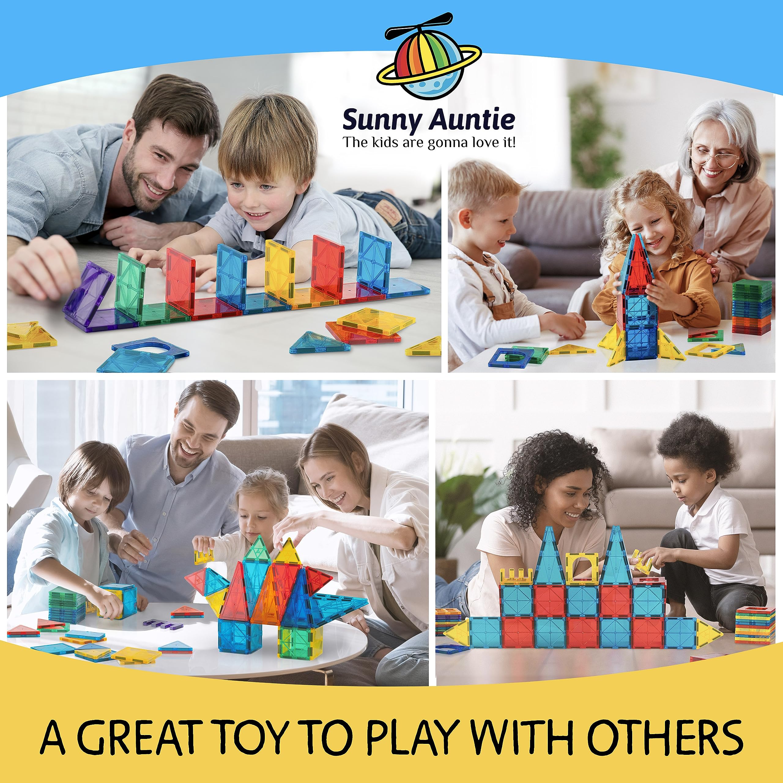 Sunny Auntie magnetic tiles assembly-models showcase building skills.
