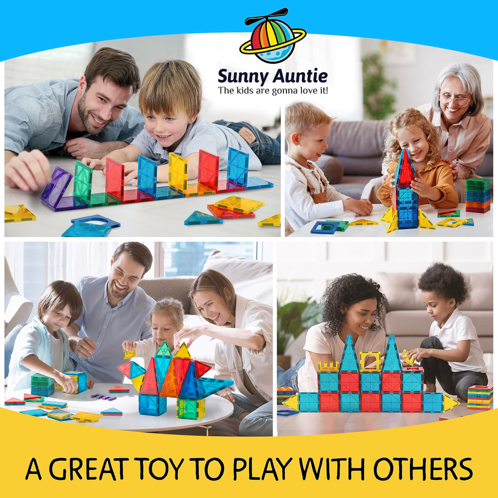 Sunny Auntie magnetic tiles assembly-models showcase building skills.