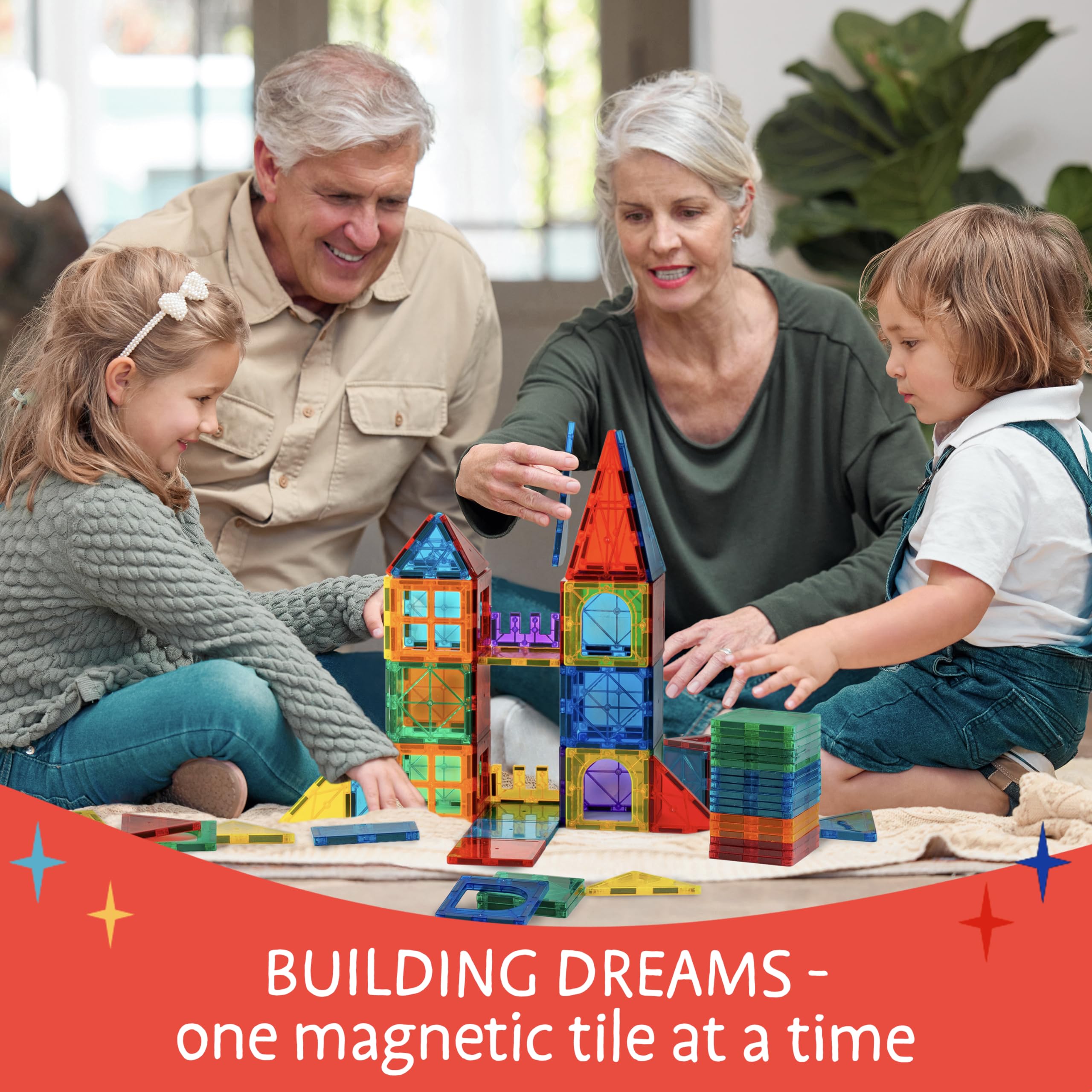Sunny Auntie magnetic tiles bright colors promoting color recognition.