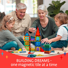 Sunny Auntie magnetic tiles bright colors promoting color recognition.