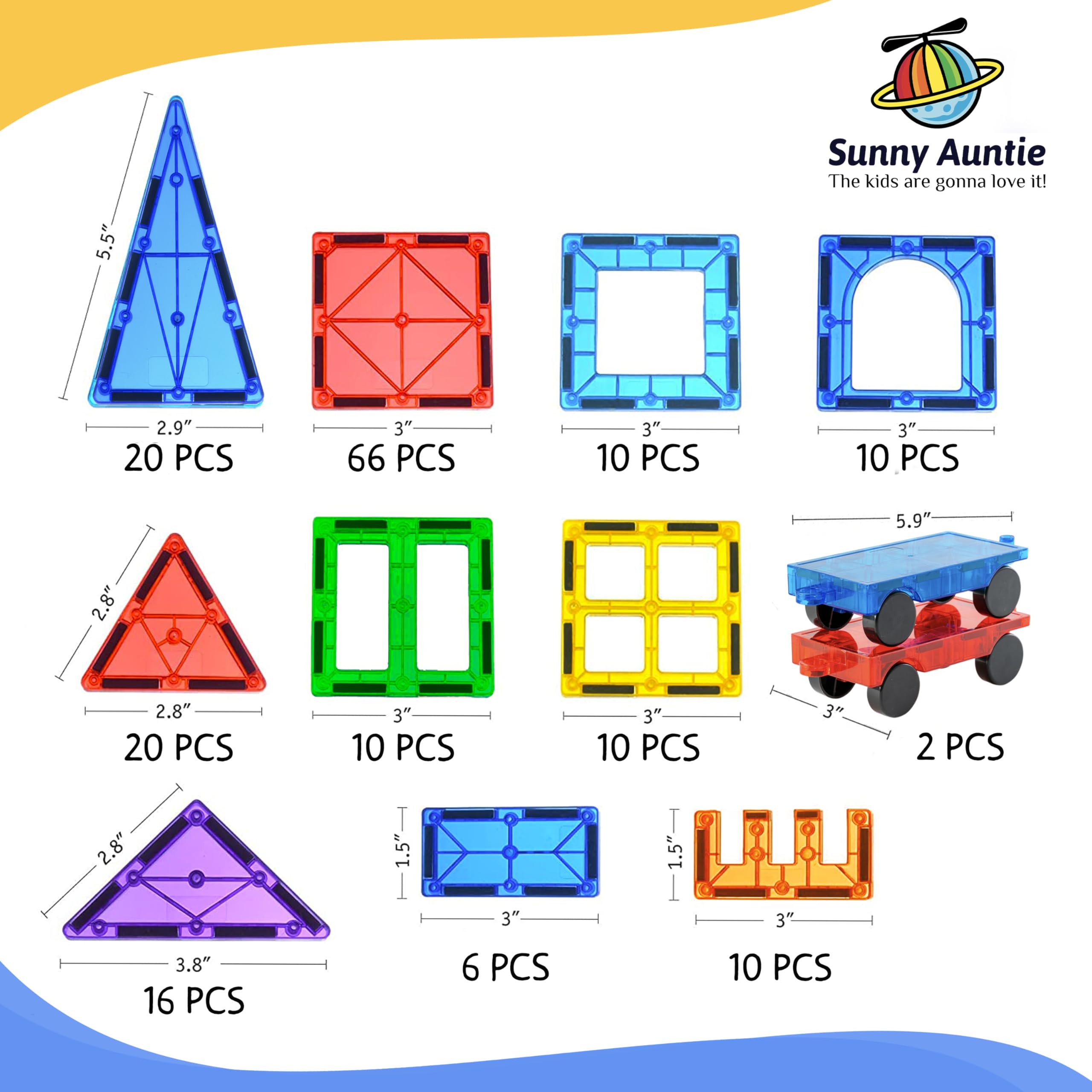 Sunny Auntie Magnetic Tiles help kids imagine castles and rocket ships.