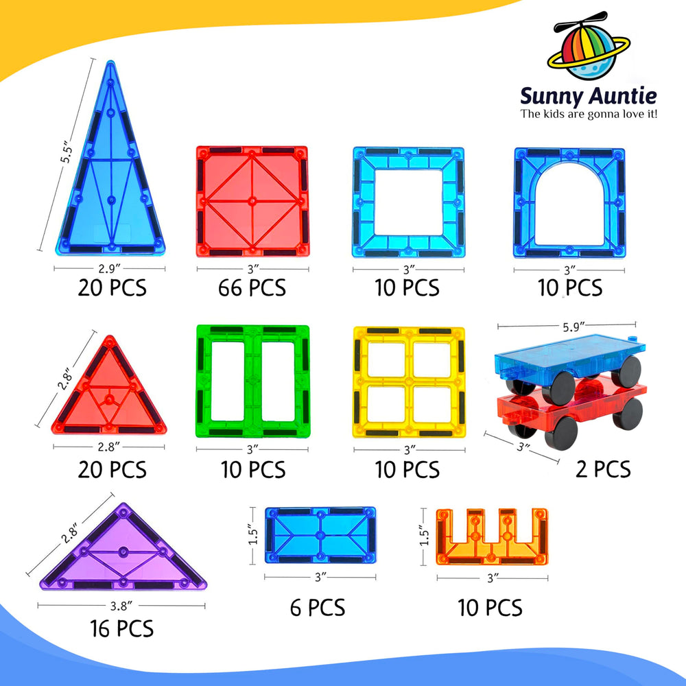Sunny Auntie Magnetic Tiles help kids imagine castles and rocket ships.