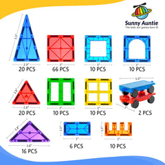 Sunny Auntie Magnetic Tiles help kids imagine castles and rocket ships.