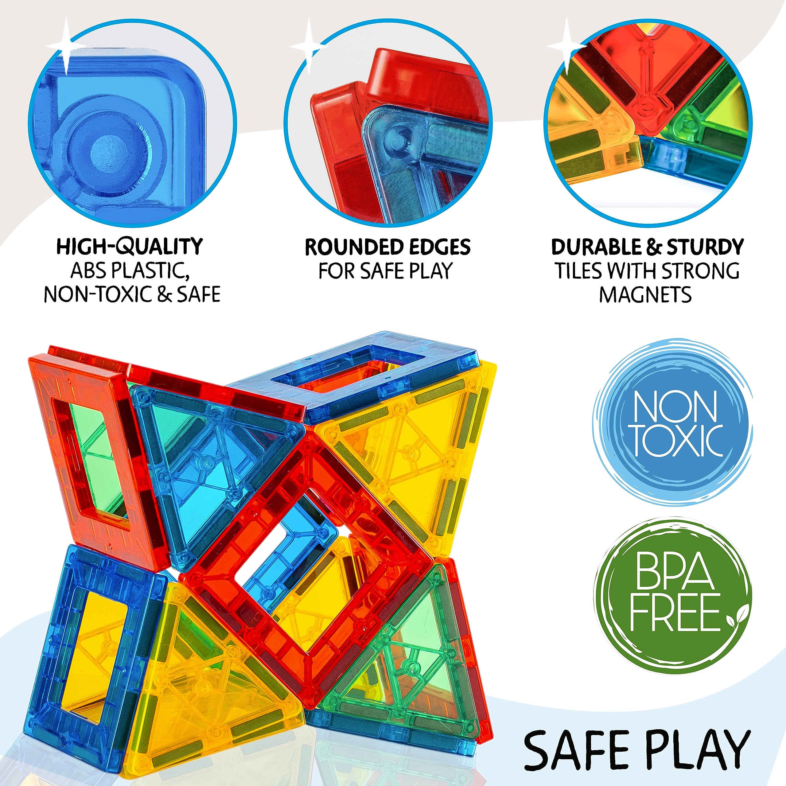 Sunny Auntie magnetic tiles guide-booklet close-up with build ideas.
