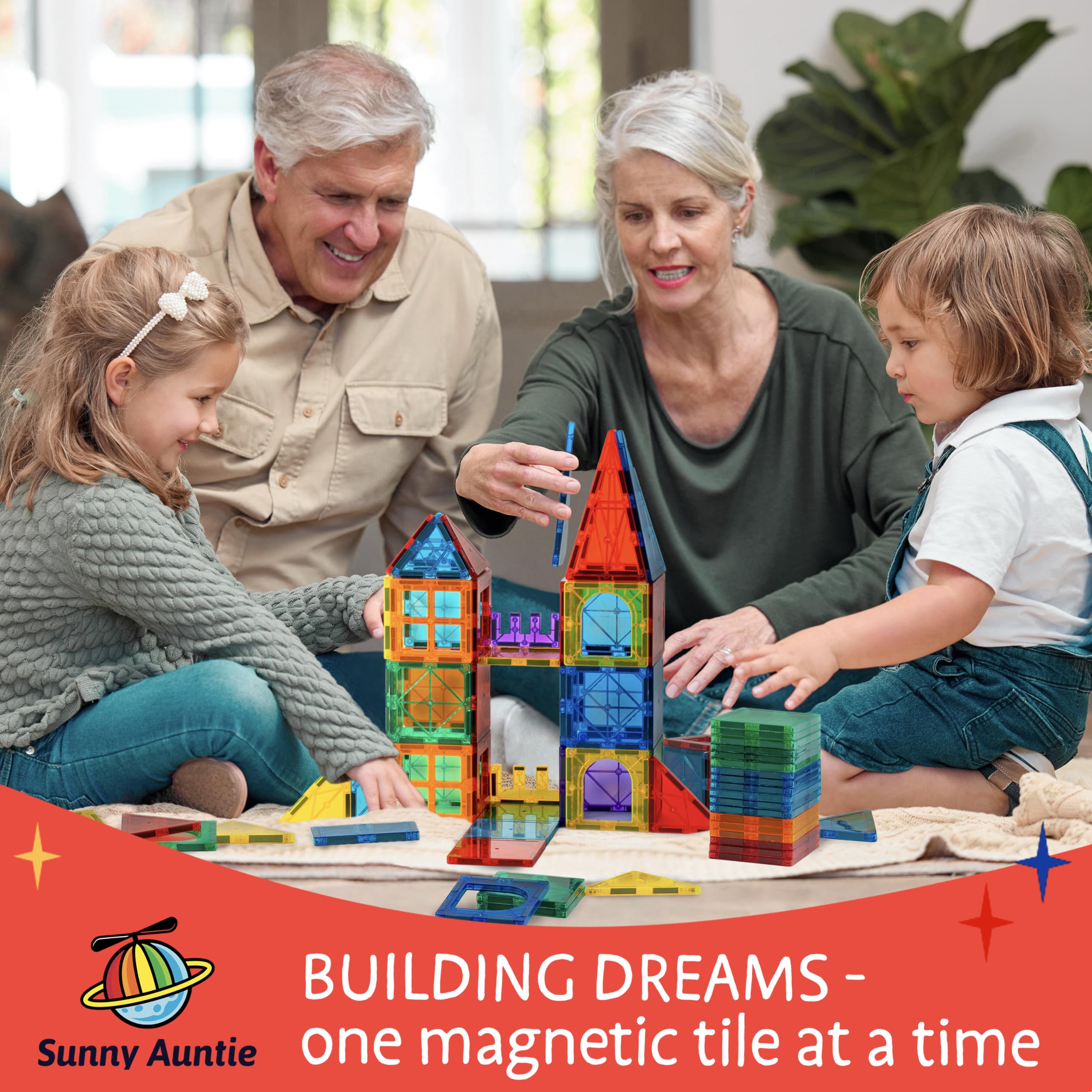 Sunny Auntie Magnetic Tiles BPA-free material with rounded edges for safe handling.