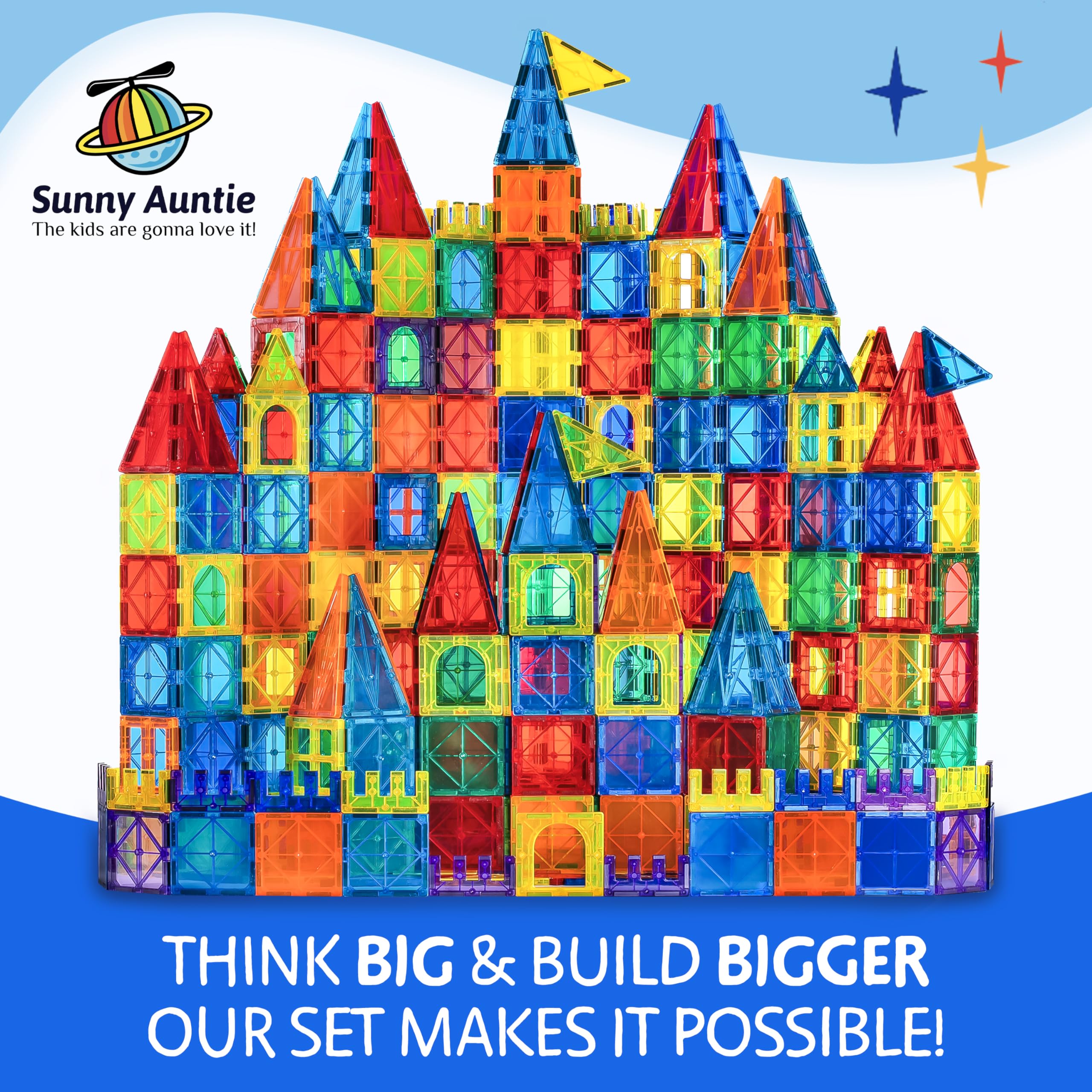 Sunny Auntie Magnetic Tiles XL Set tower build demonstrates strong magnets and stability.