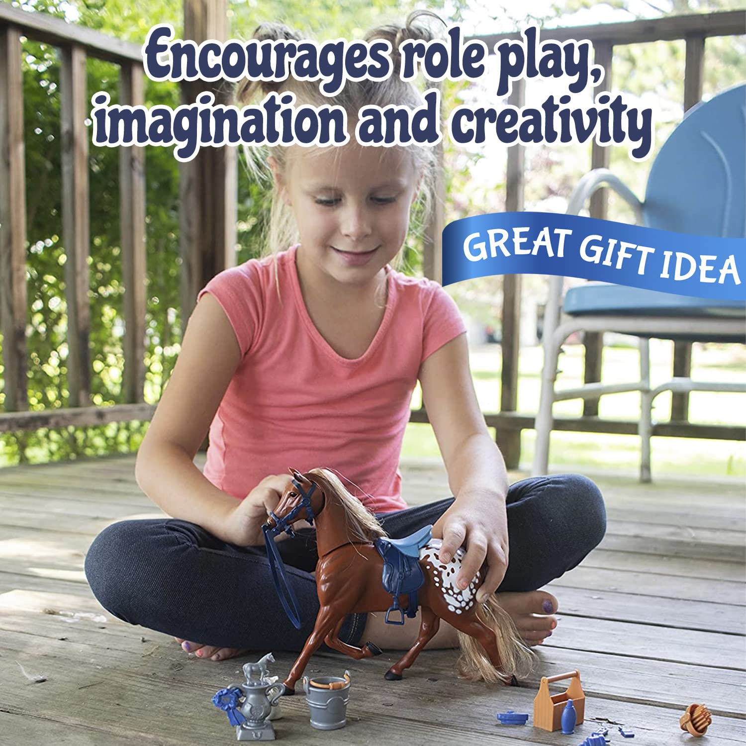 Sunny Days Appaloosa brushes and feeding accessories enhance nurturing role-play.