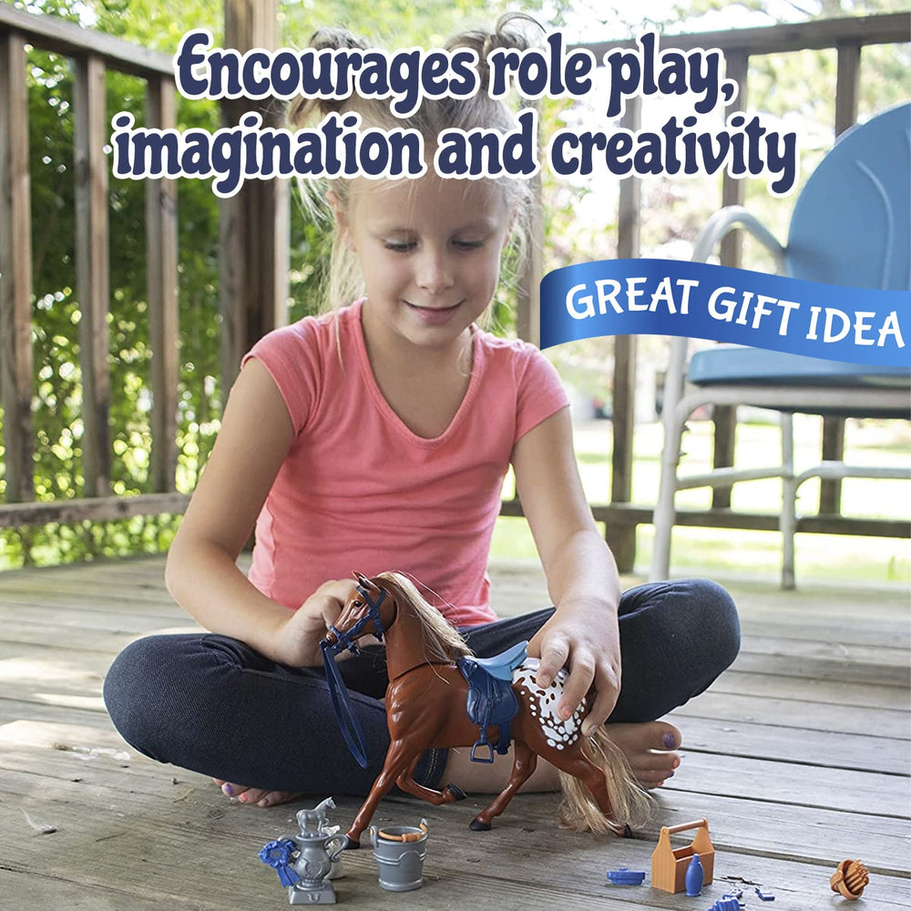 Sunny Days Appaloosa brushes and feeding accessories enhance nurturing role-play.