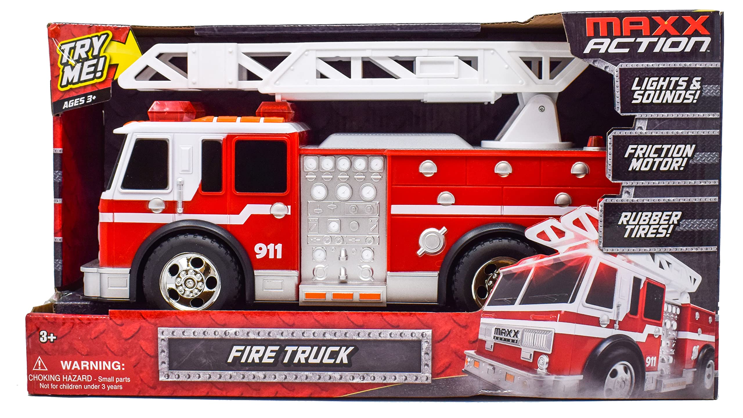 Extendable ladder on Sunny Days Maxx Action firetruck reaches high spots during rescues.