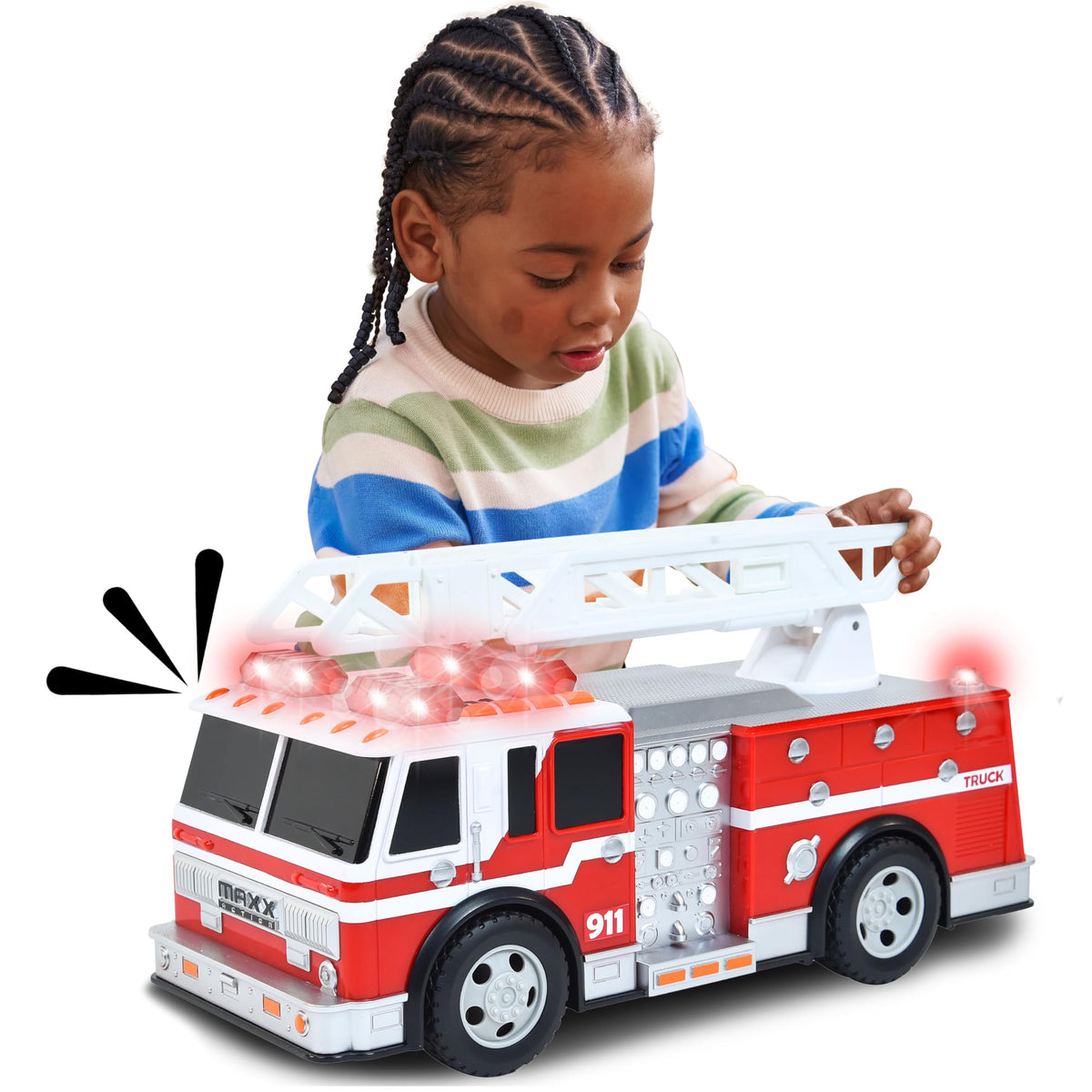 Sunny Days Maxx Action firetruck lights illuminate playtime for immersive pretend rescues.