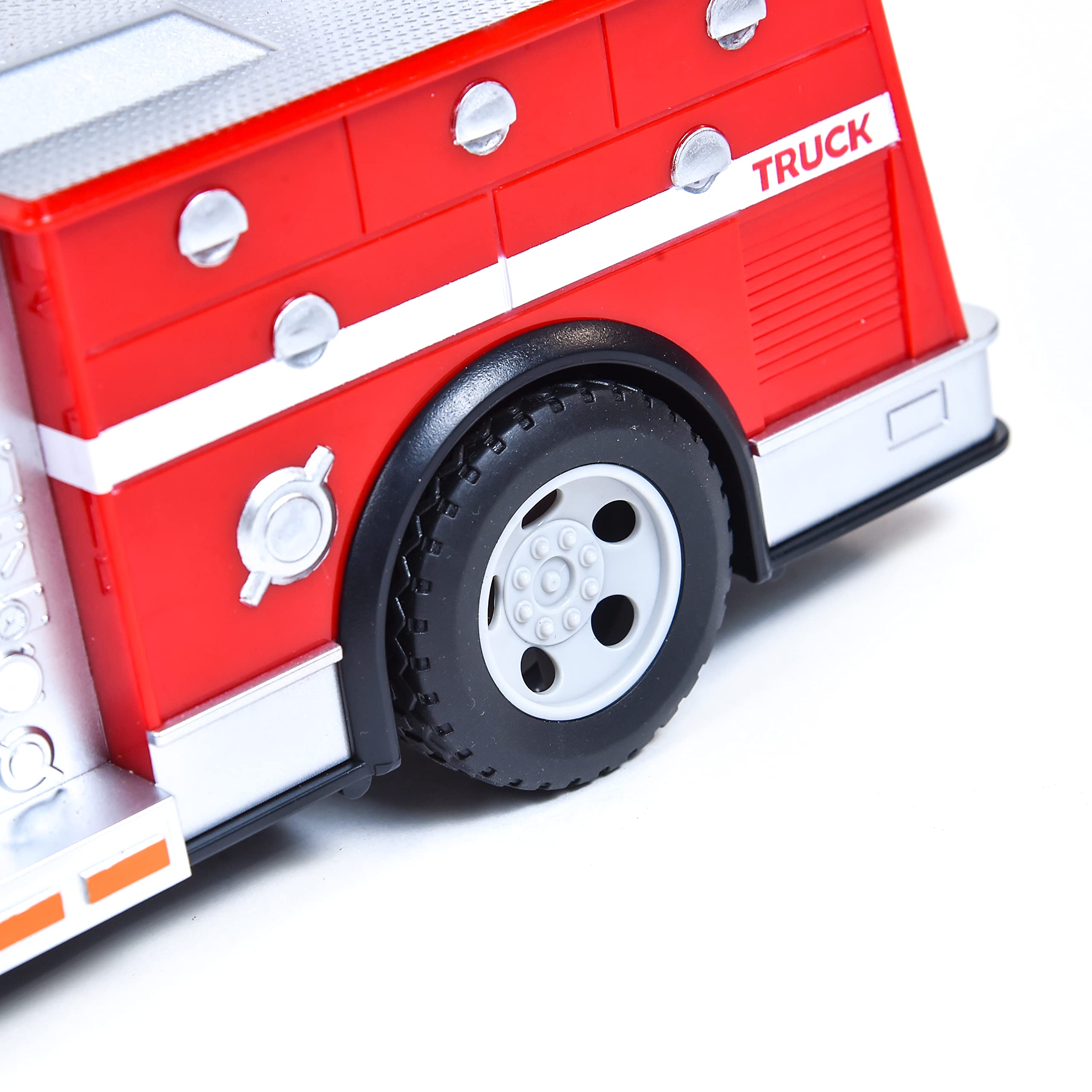 Bright red body of Sunny Days Maxx Action firetruck enhances dramatic storytelling.