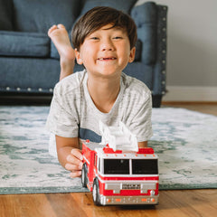 Soft grip tires on Sunny Days Maxx Action firetruck provide smooth indoor rides.