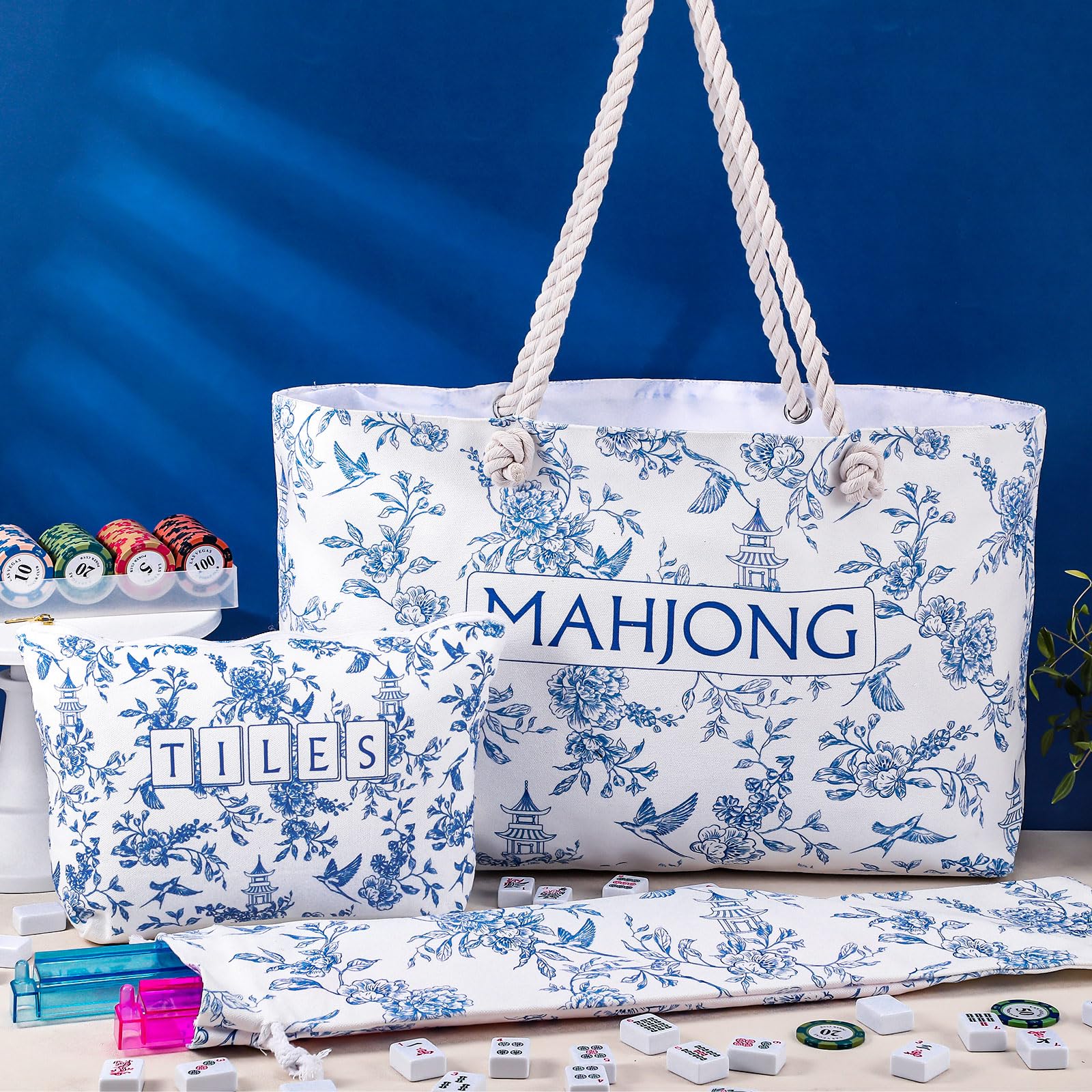 Sunnymove blue and white patterned tote adds elegant style to game night.