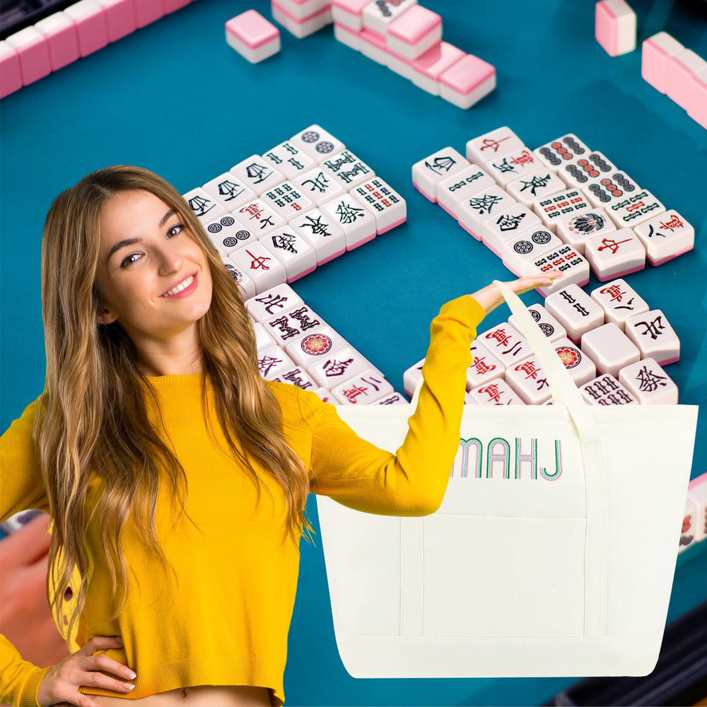 Sunnymove white-embroidered mahjong bag adds stylish game-night appeal.
