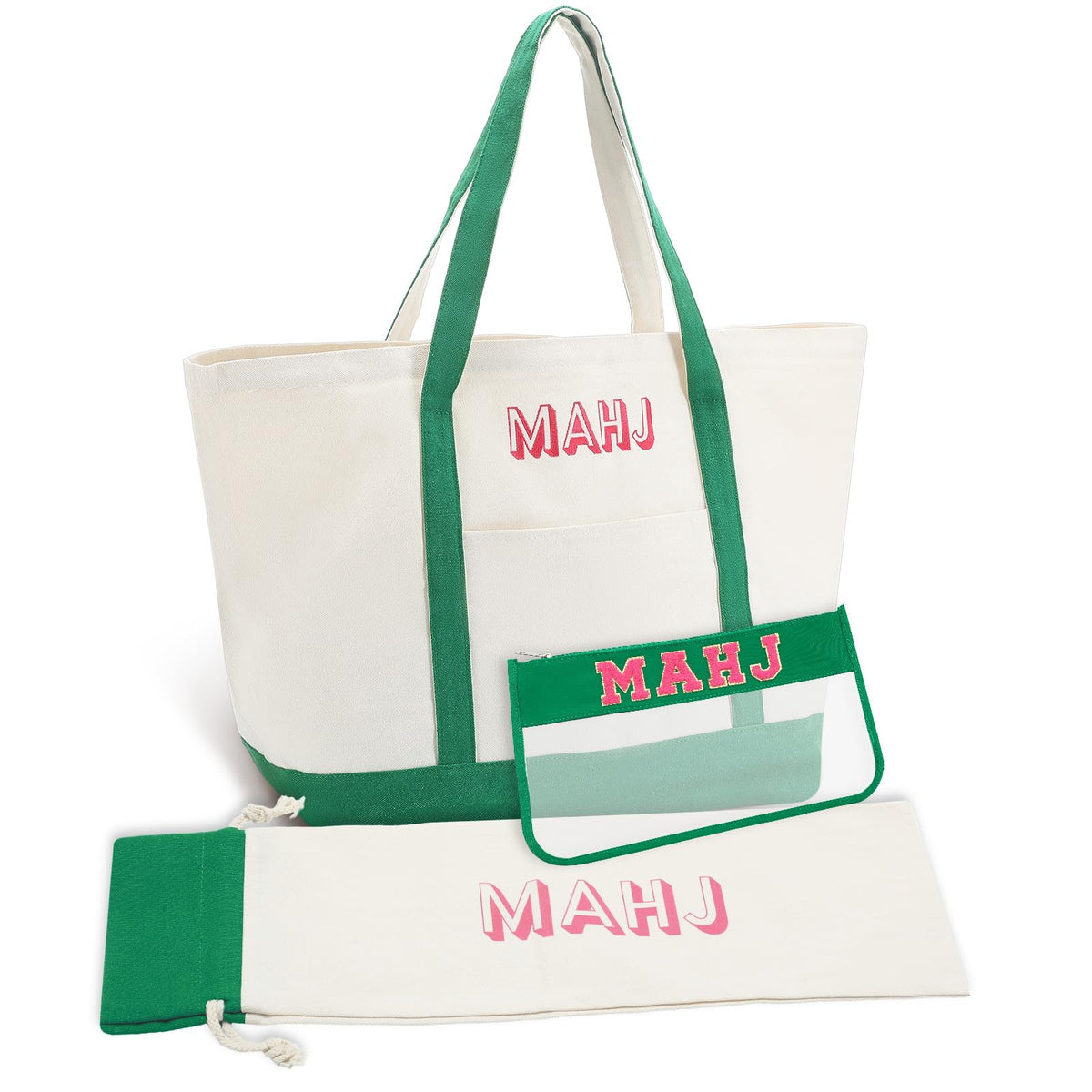 Sunnymove mahjong canvas bag large green with organized compartments for easy transport.