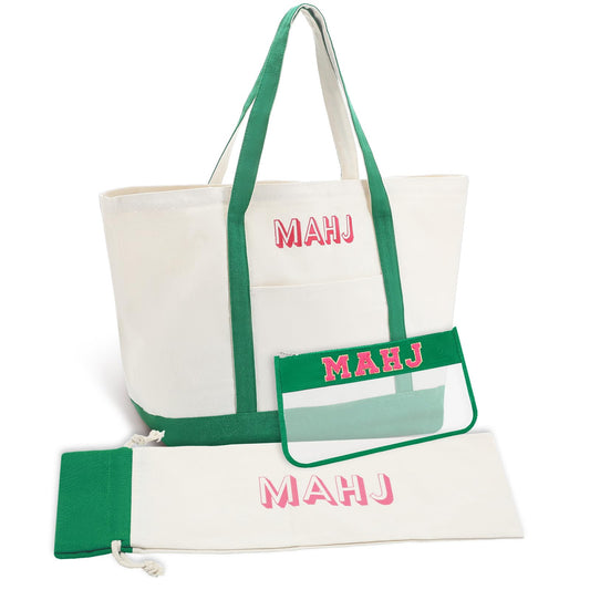 Sunnymove mahjong canvas bag large green with organized compartments for easy transport.