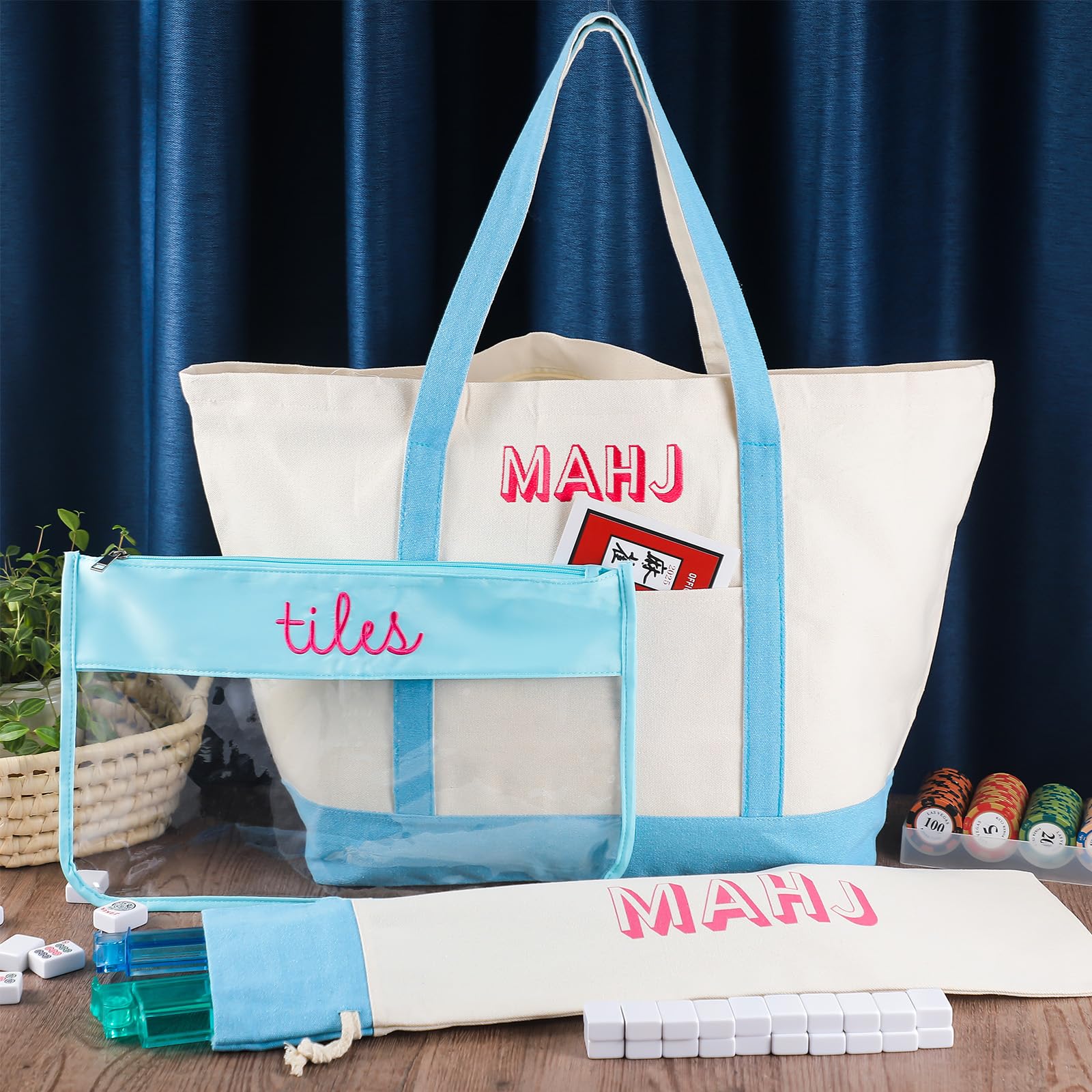 Sunnymove blue mahjong drawstring bag for accessories.