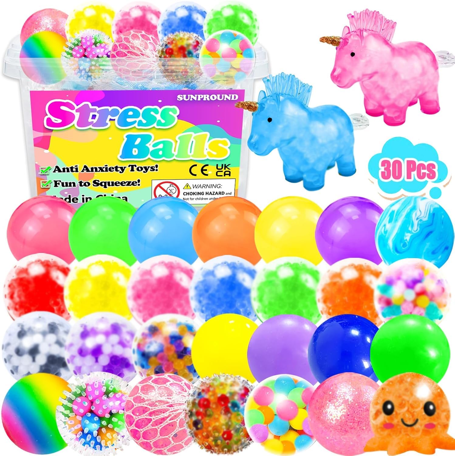 SUNPROUND 30Pcs XL Stress Balls colorful squishy set for quick focus and tactile play.