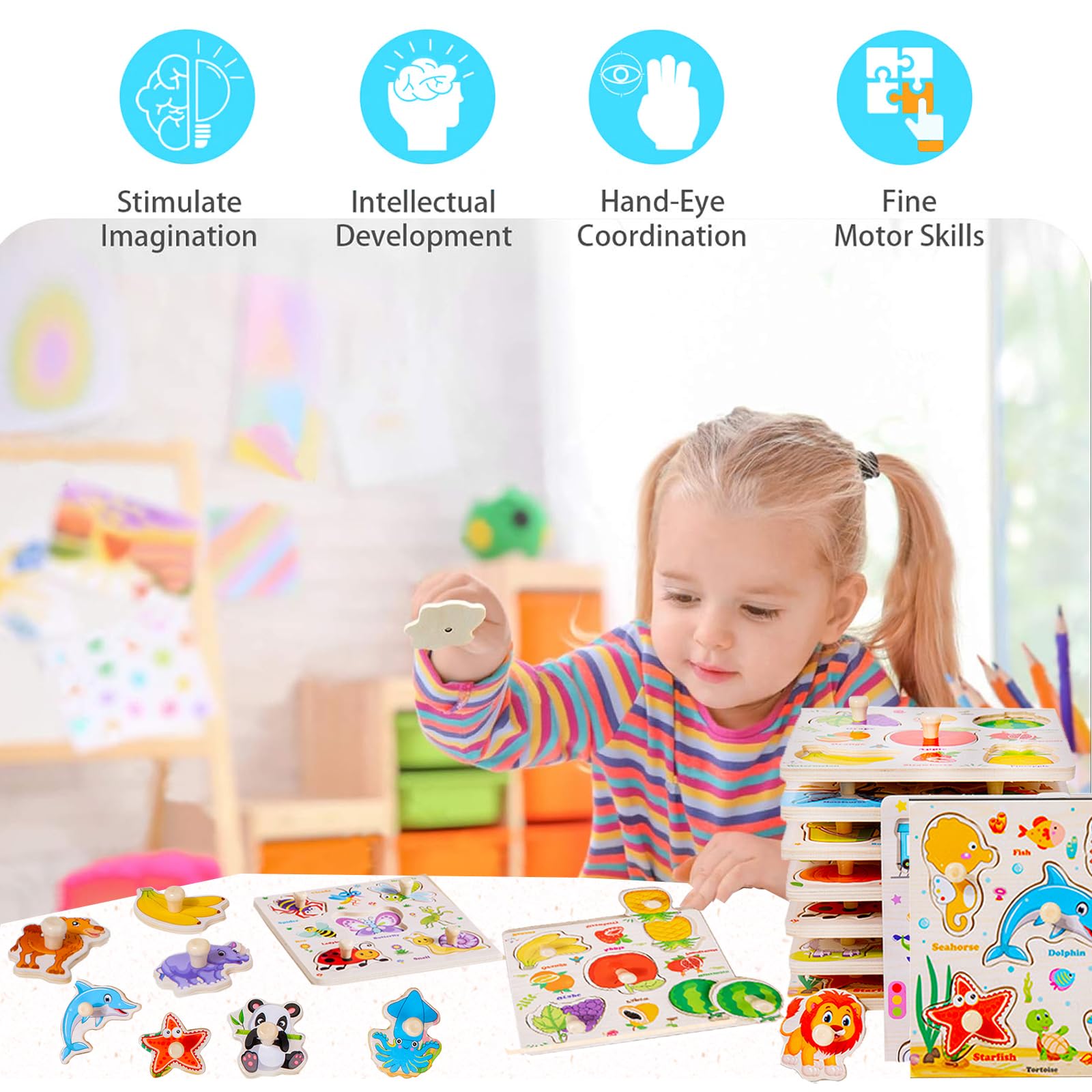 SUNPROUND peg puzzle farm scene highlights animals and daily life concepts for preschoolers.